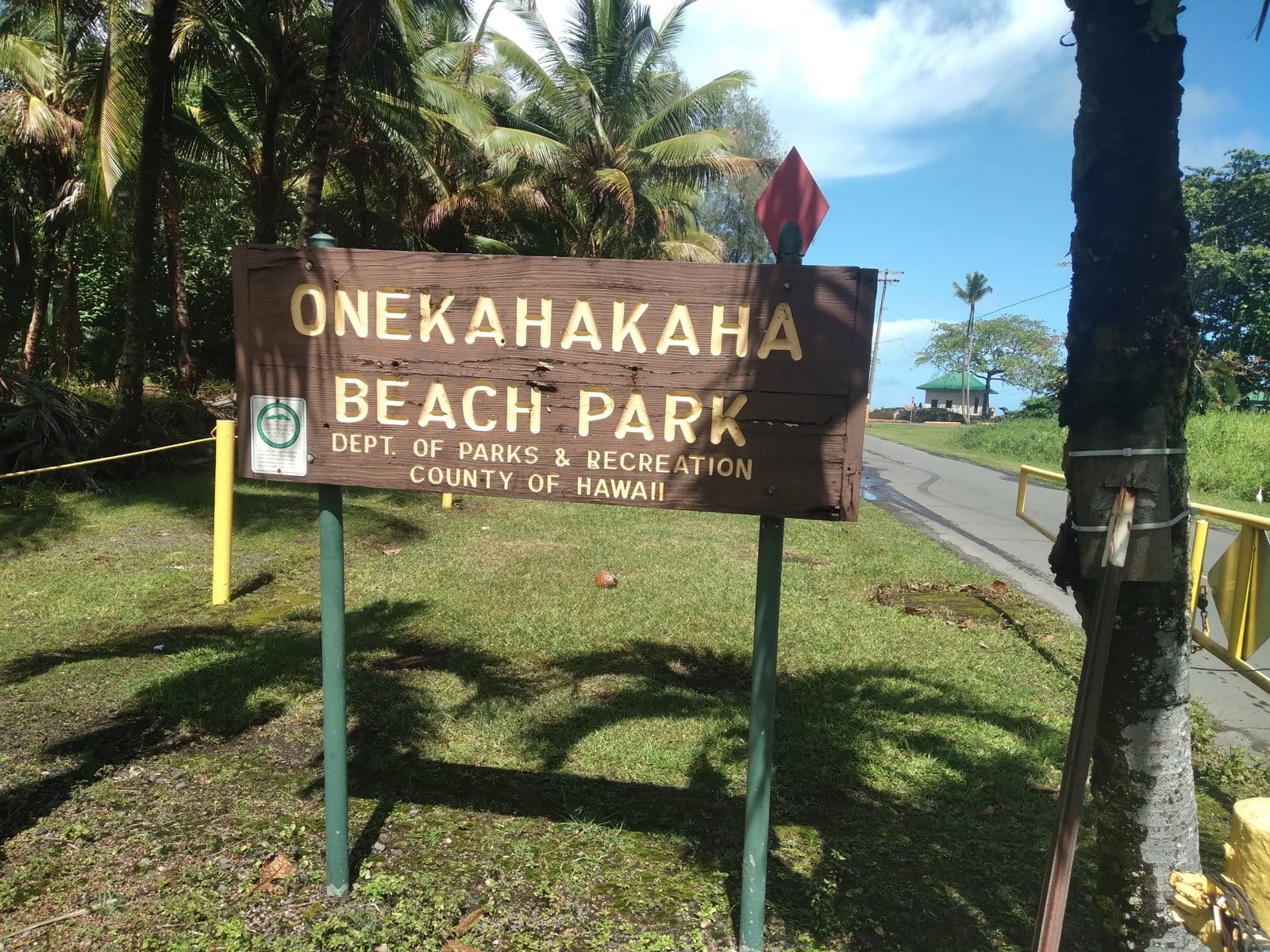 County of Hawaii park sign reading Onekahakaha Beach Park